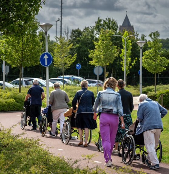 Een groep vrijwilligers wandelt met cliënten in een rolstoel