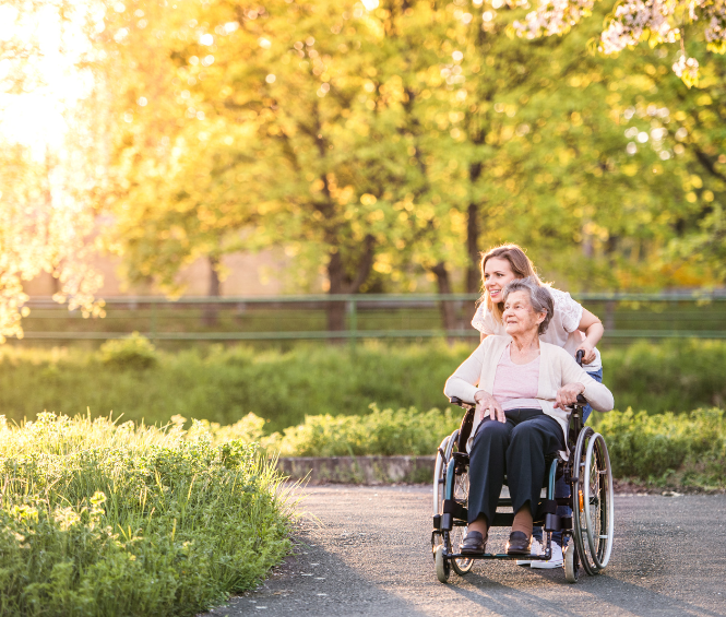 Een jonge dame maakt een wandeling door een park met een oudere vrouw in een rolstoel