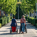Twee vrouwen wandelen met cliënten in een rolstoel